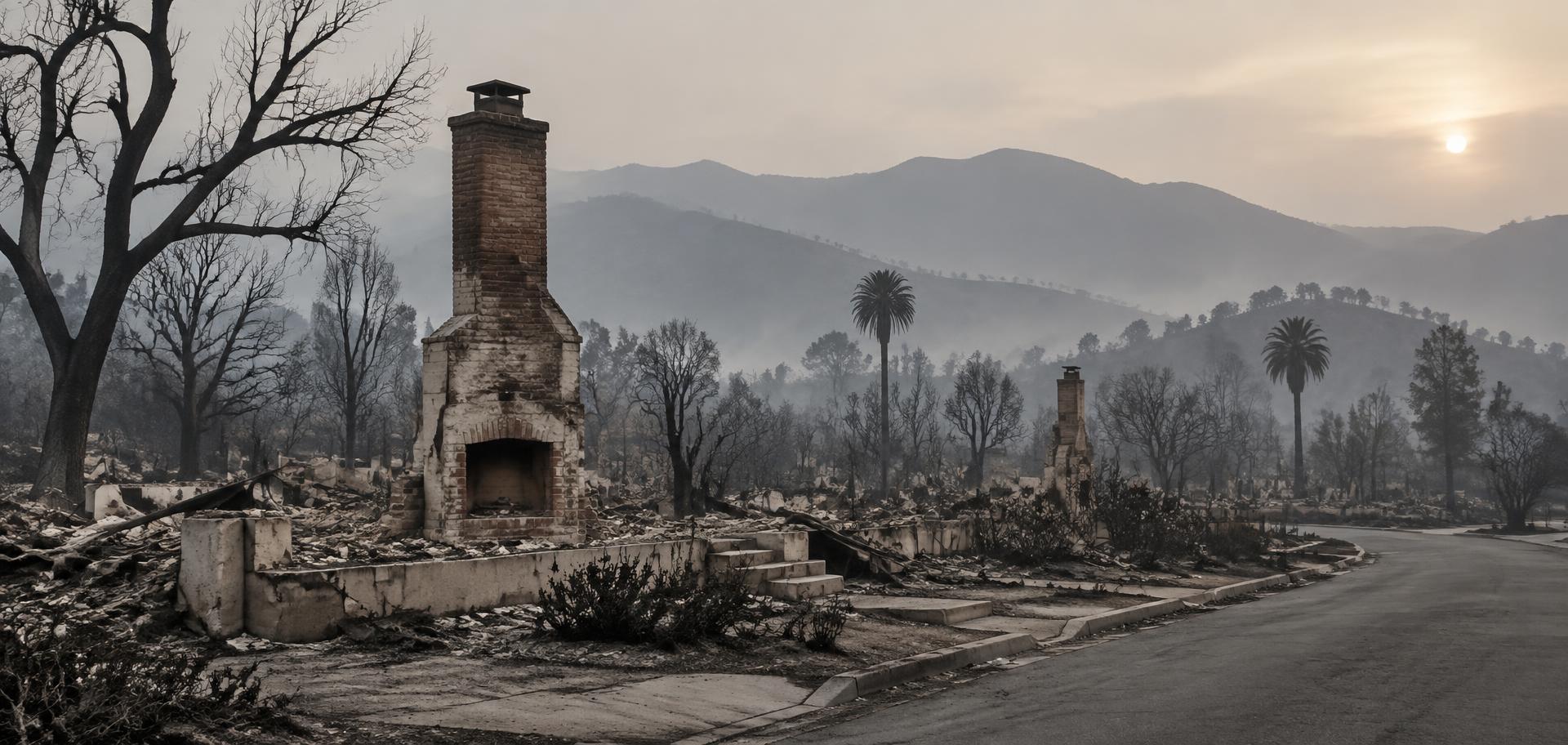 Ash-covered street of burned foundations and a standing chimney after a California wildfire