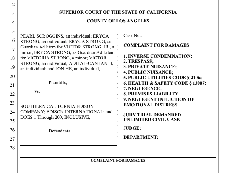 California court complaint filed against Southern California Edison listing claims including negligence and trespass