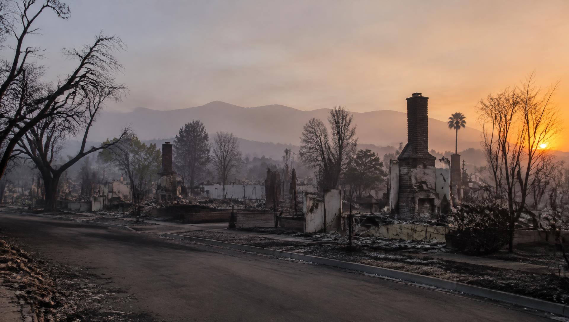 Burned-out Southern California foothill neighborhood at dawn
